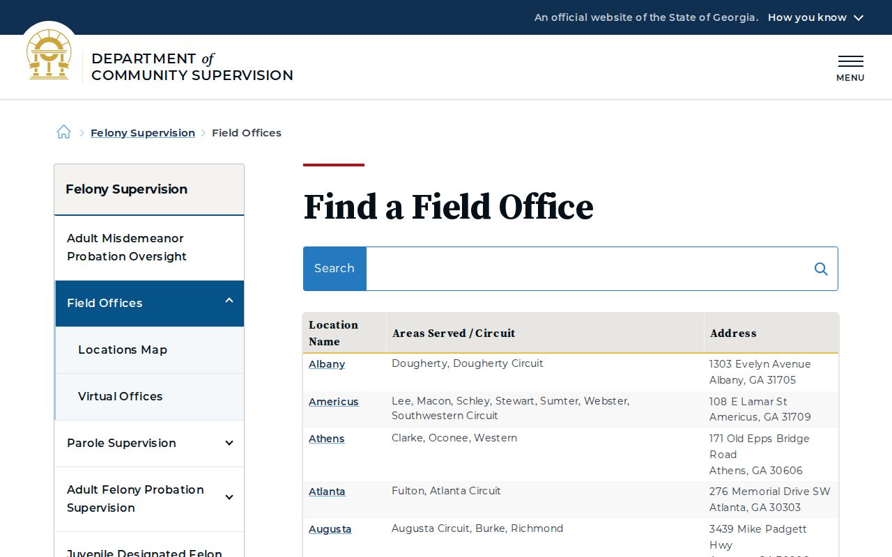 Georgia DCS field office directory for probation and parole supervision