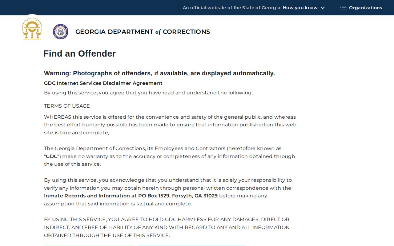 Georgia GDC offender search form for released inmate records