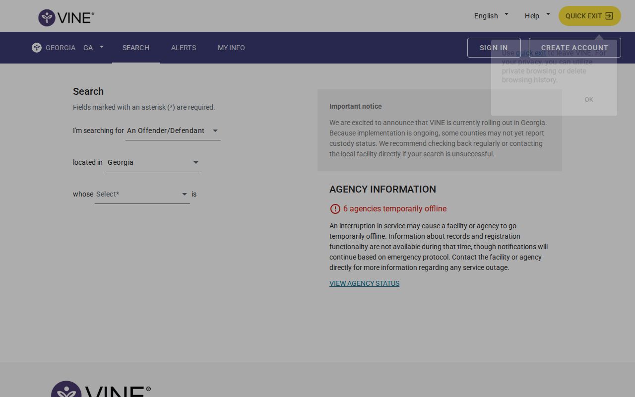 Georgia VINE released inmate person search