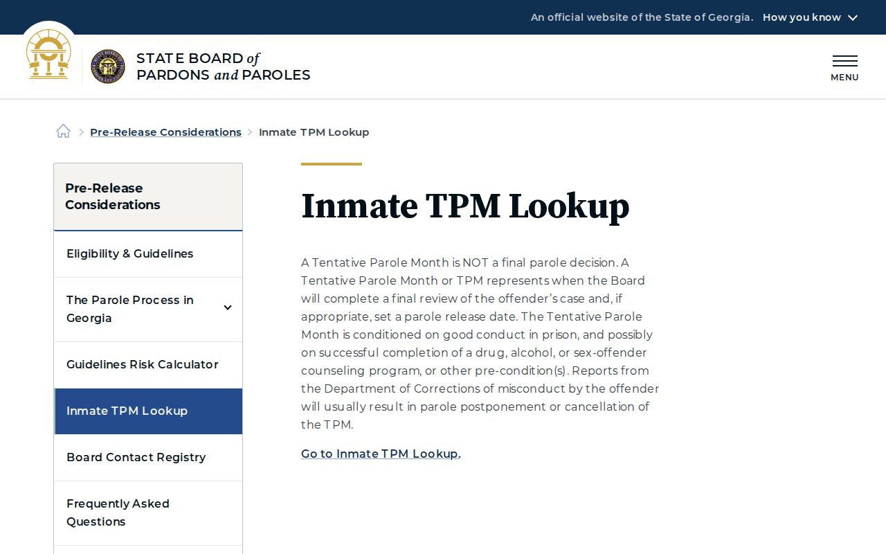 Georgia tentative parole month projected release information