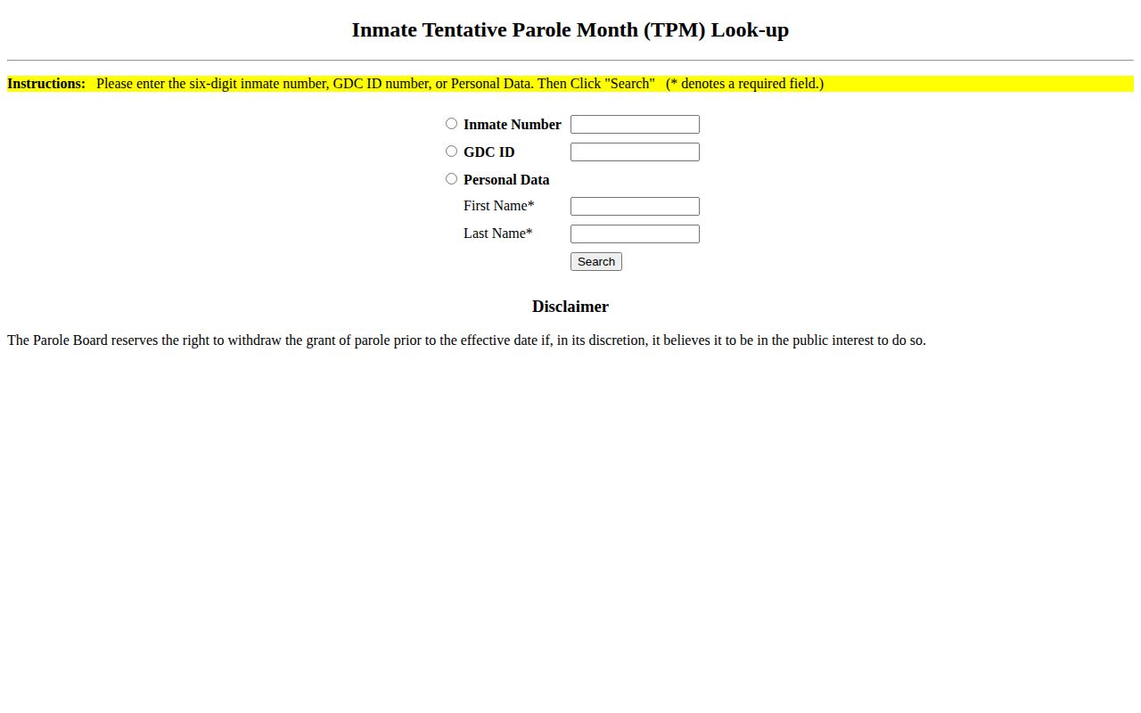 Georgia inmate TPM lookup for parole hearing decisions
